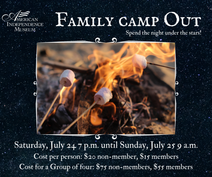 Family Camp Out July 24-25. Image of campfire with marshmellows roasting.