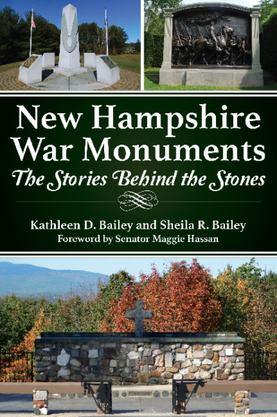 Cover of the book New Hampshire War Monuments. Text is in white font over a dark green background. Images of stone monuments are located above and below the title bar.